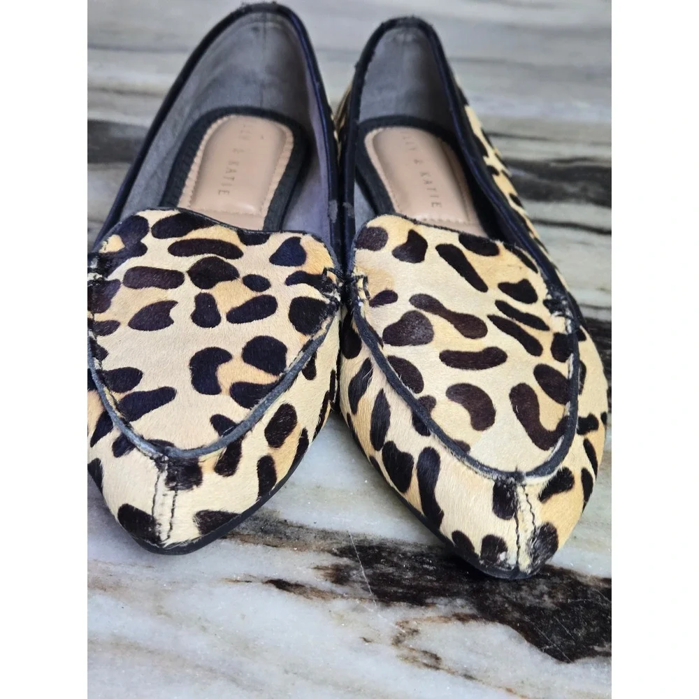 Kelly & Katie Womens Leopard Calf Hair Pointed Toe Loafers Flats Tan Black 6M‎